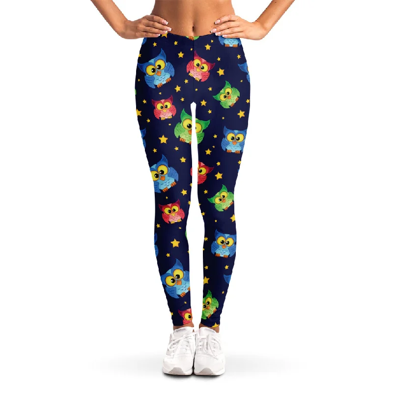 Owl And Star Pattern Print Women's Leggings Cozy Cotton Leggings