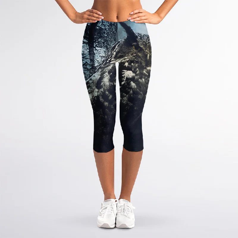 Owl At Night Print Women's Capri Leggings Comfortable Slip-On Compression Leggings