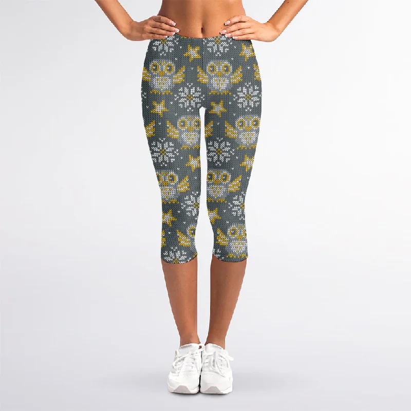 Owl Knitted Pattern Print Women's Capri Leggings Stylish Capri Leggings