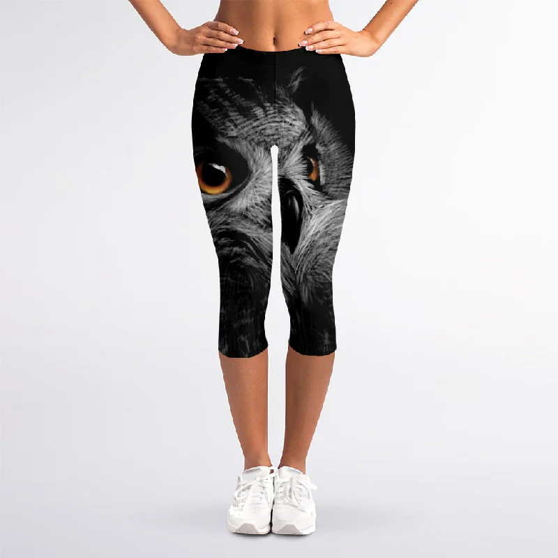 Owl Portrait Print Women's Capri Leggings Stylish Sporty Performance Leggings