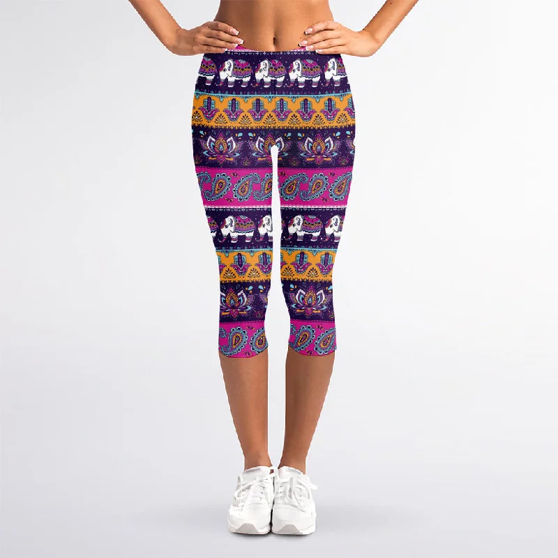 Paisley Elephant Hamsa Pattern Print Women's Capri Leggings Stylish Compression Fit Leggings