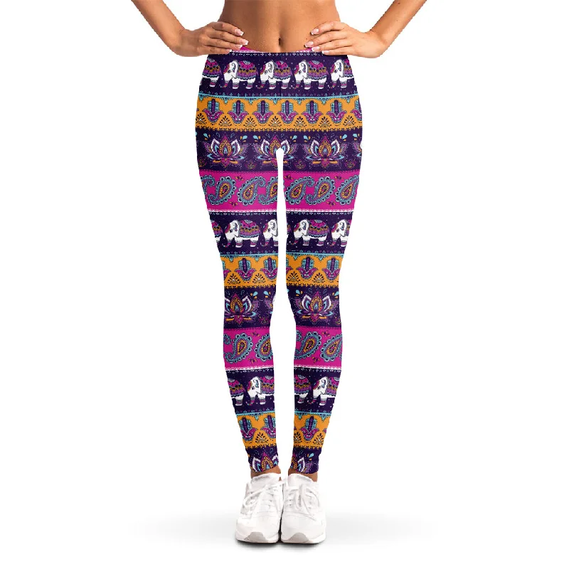 Paisley Elephant Hamsa Pattern Print Women's Leggings Stylish Side-Stripe Leggings