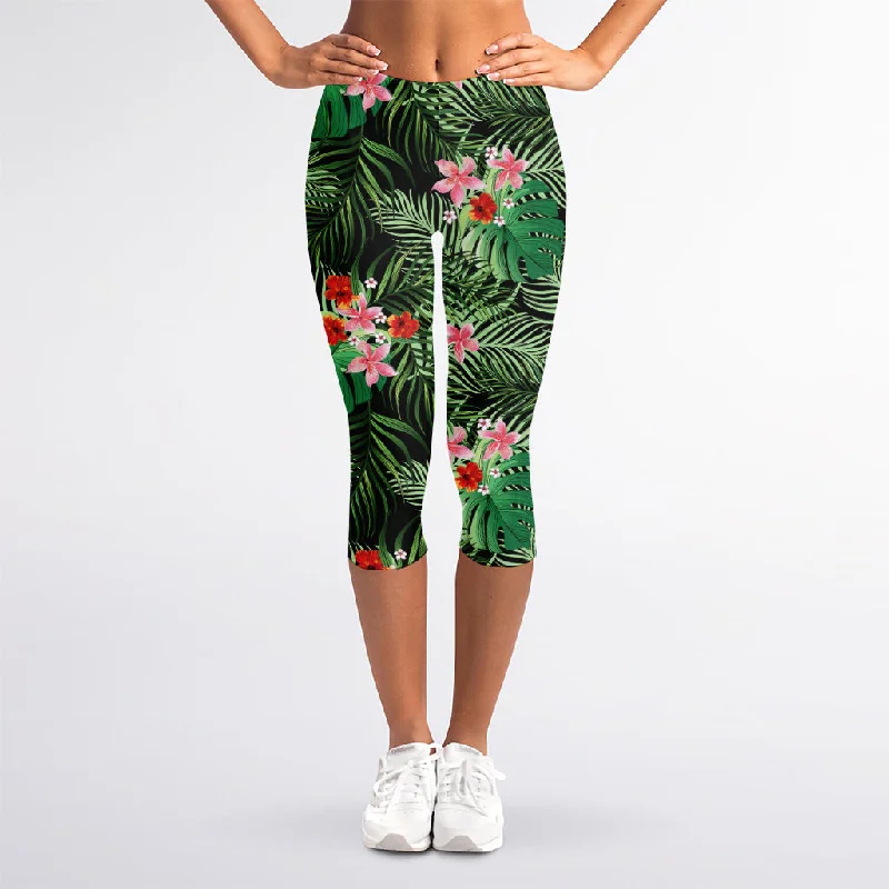 Palm Hawaiian Tropical Pattern Print Women's Capri Leggings Comfortable Leggings with Pockets