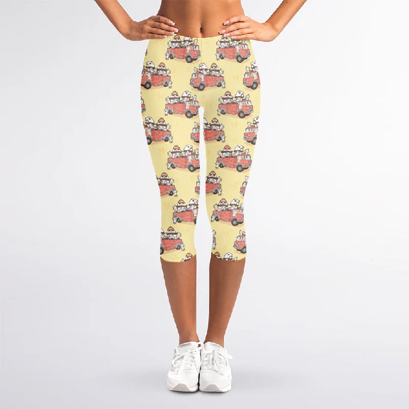 Panda Firefighter And Cat Pattern Print Women's Capri Leggings Elegant Textured Leggings