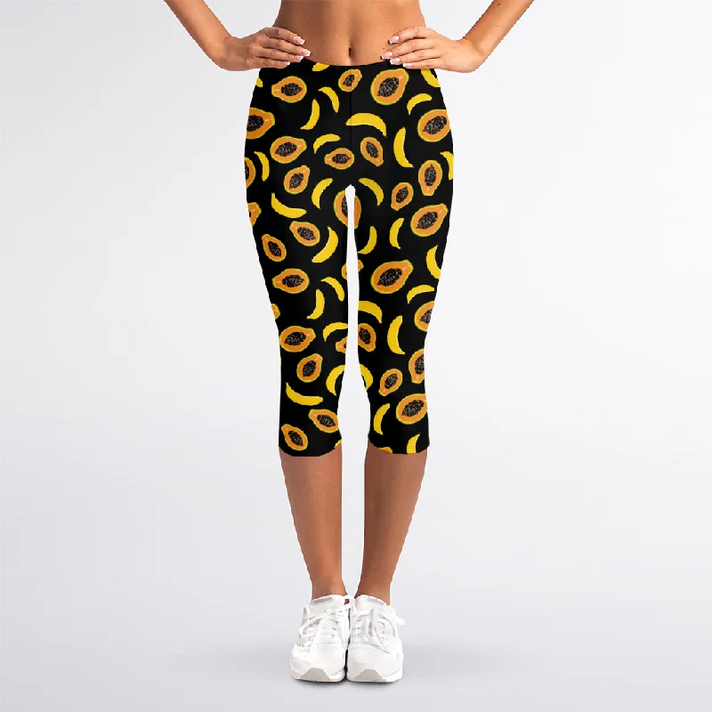 Papaya And Banana Pattern Print Women's Capri Leggings Elegant Full-Body Leggings