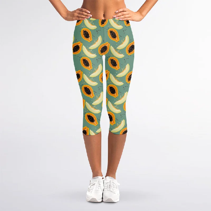 Papaya And Melon Pattern Print Women's Capri Leggings Comfortable Slim Fit Leggings