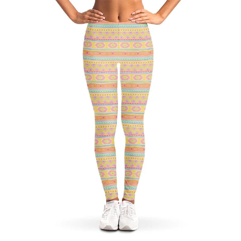 Pastel Aztec Tribal Pattern Print Women's Leggings Stylish Stretch Print Leggings