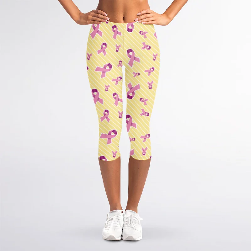 Pastel Breast Cancer Awareness Print Women's Capri Leggings Fashionable Sports Compression Leggings