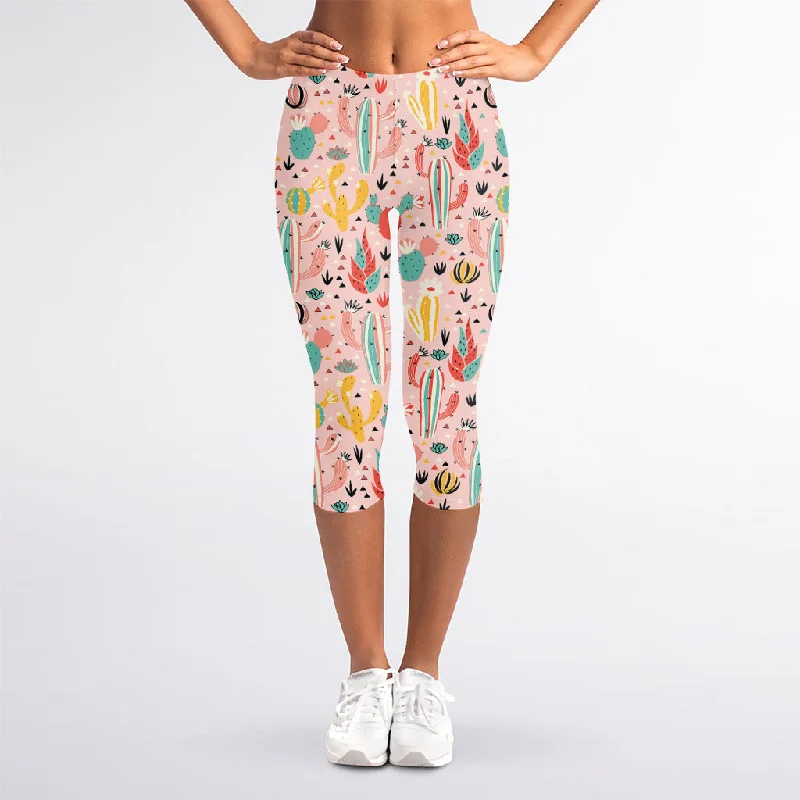 Pastel Cactus And Succulent Print Women's Capri Leggings Stylish Stretch Pants Leggings