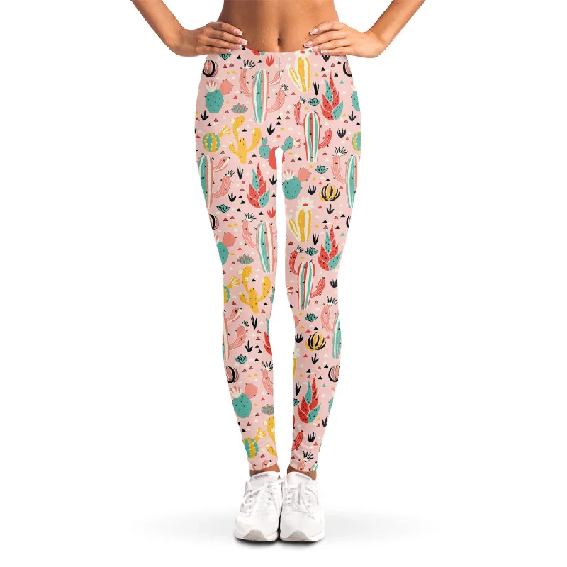 Pastel Cactus And Succulent Print Women's Leggings Trendy Sporty Compression Leggings