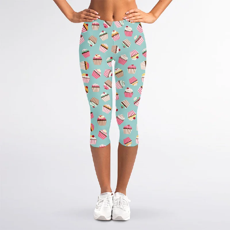 Pastel Cupcake Pattern Print Women's Capri Leggings Trendy Adjustable Waist Leggings