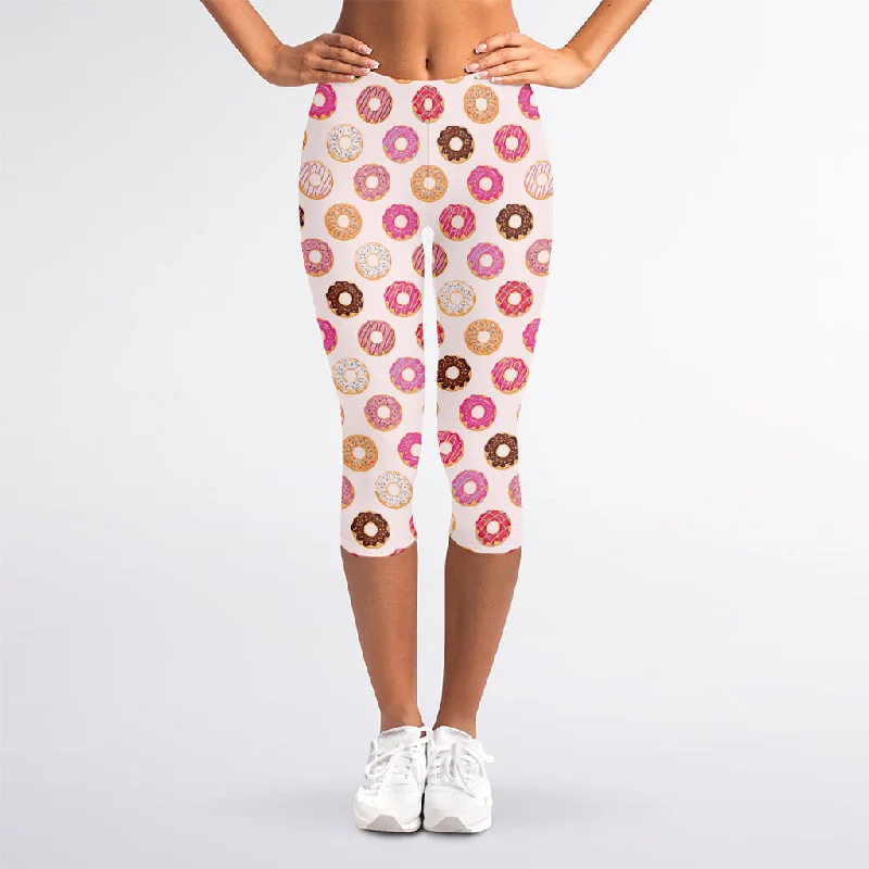 Pastel Donut Pattern Print Women's Capri Leggings Trendy High-Waist Tummy Control Leggings