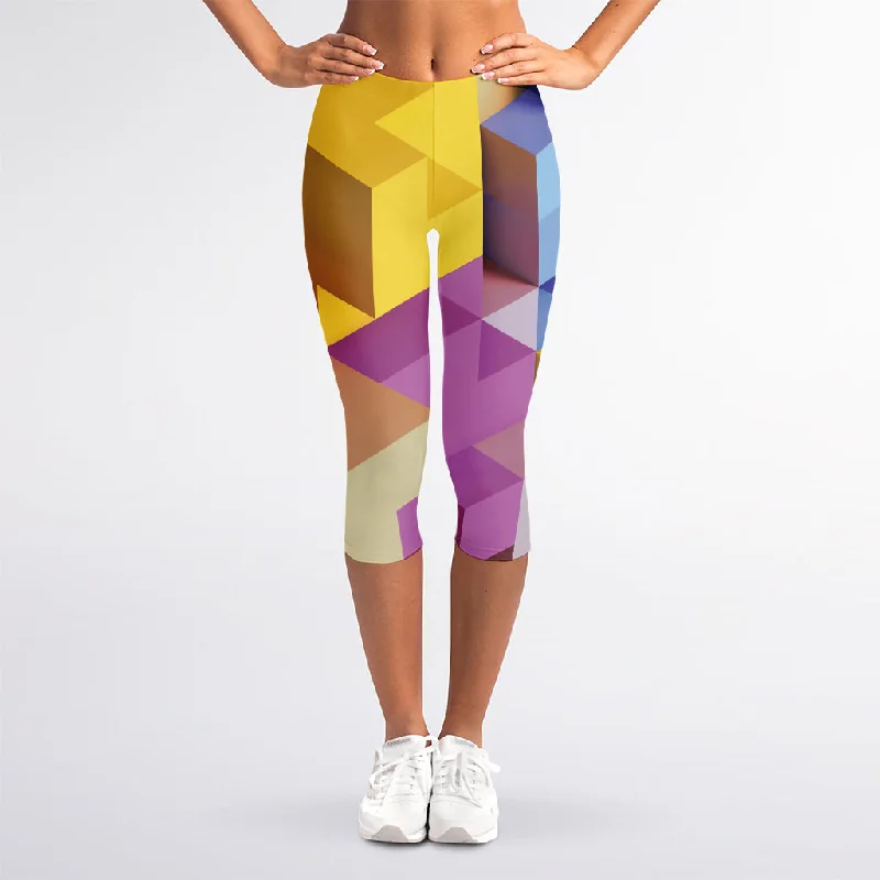 Pastel Geometric Cubic Print Women's Capri Leggings Comfortable Running Leggings