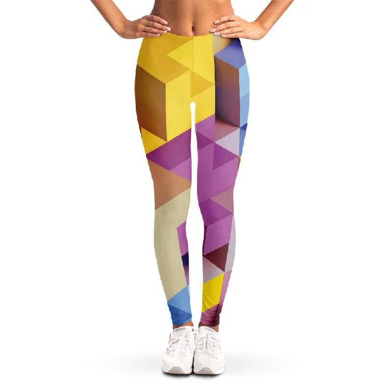 Pastel Geometric Cubic Print Women's Leggings Stylish Printed Stretch Leggings