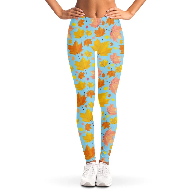 Pastel Maple Leaves Pattern Print Women's Leggings Comfortable Fleece-Lined Leggings