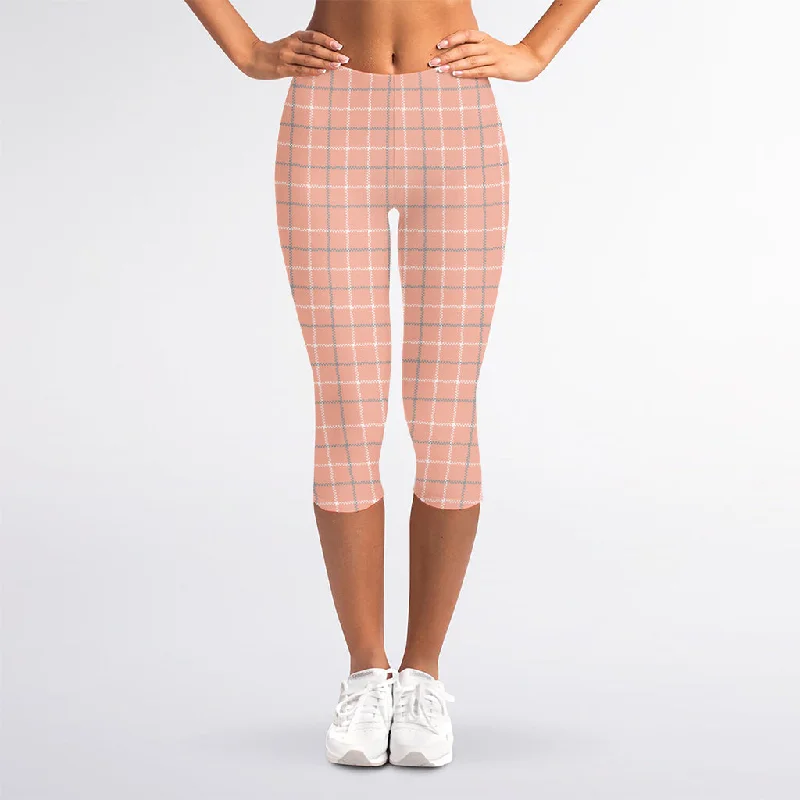 Pastel Orange Tattersall Pattern Print Women's Capri Leggings Fashionable Tummy Control Leggings