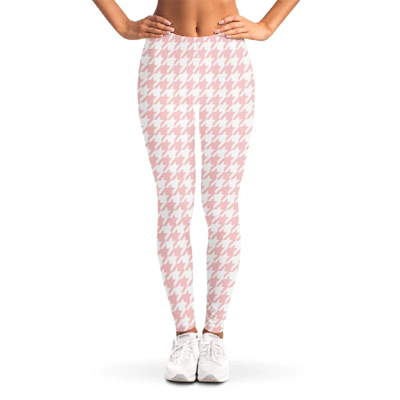 Pastel Pink And White Houndstooth Print Women's Leggings Stylish Yoga Leggings