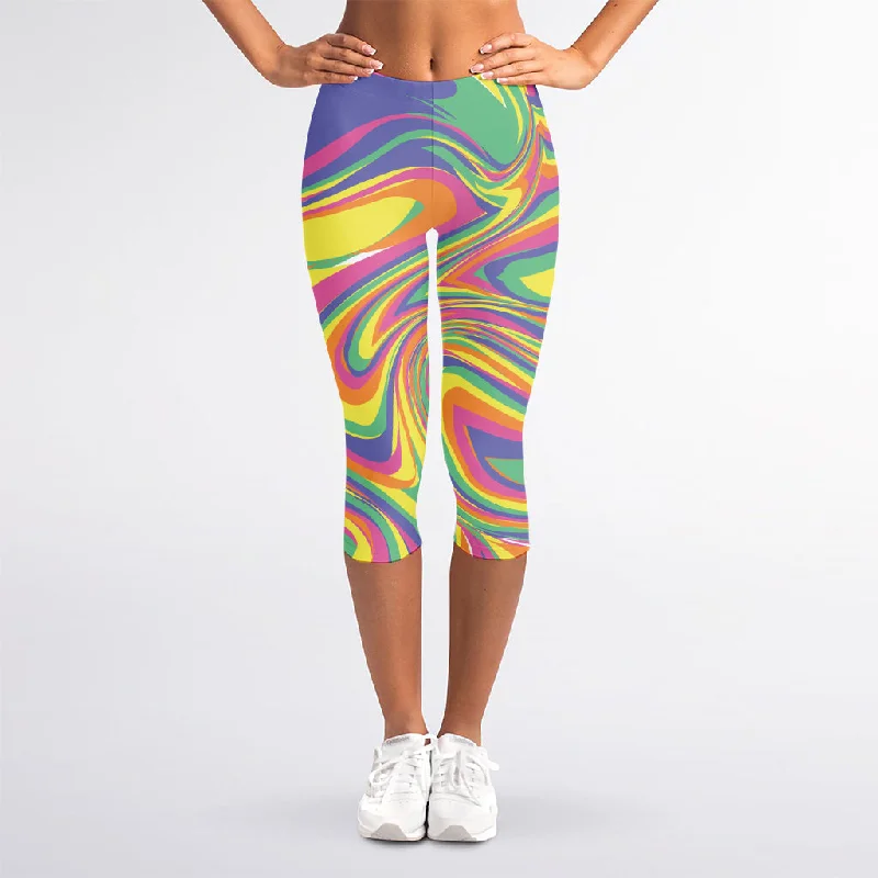 Pastel Rave Print Women's Capri Leggings Trendy Activewear Leggings