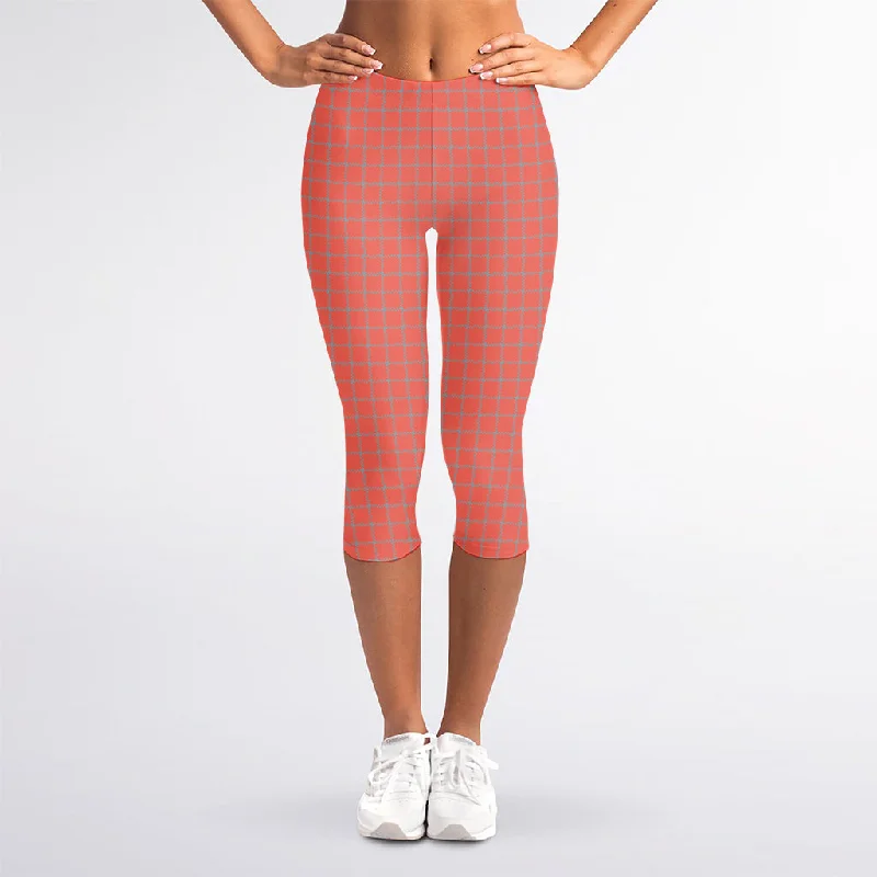 Pastel Red And Grey Tattersall Print Women's Capri Leggings Classic Solid Color Leggings