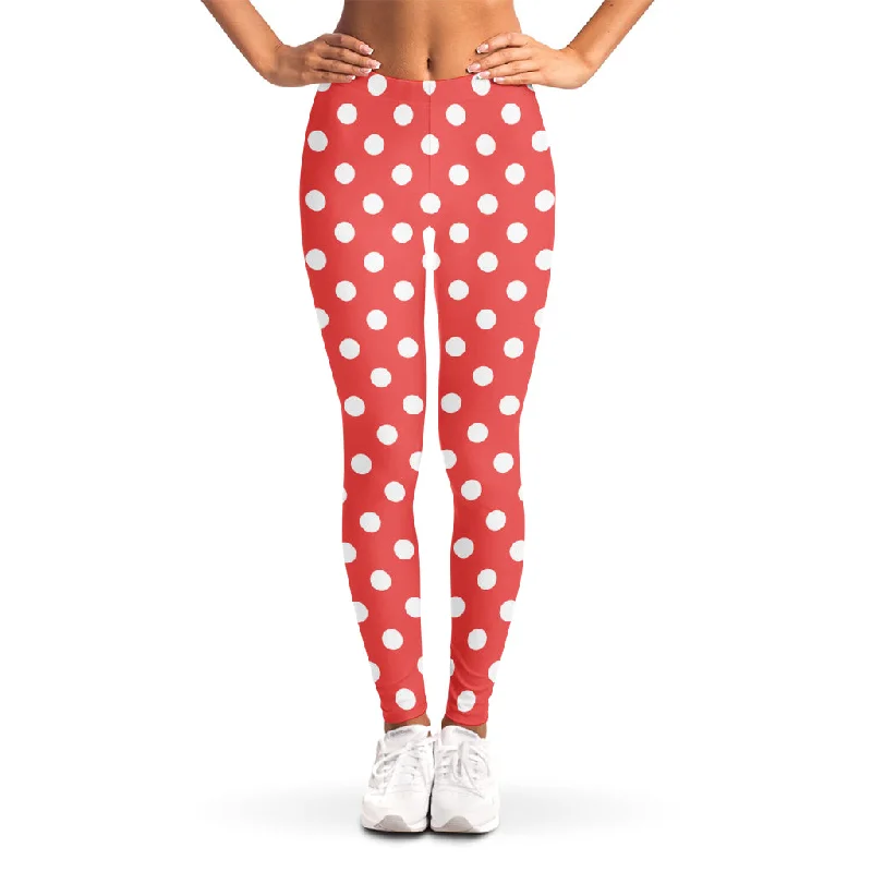 Pastel Red And White Polka Dot Print Women's Leggings Fashionable Printed Leggings