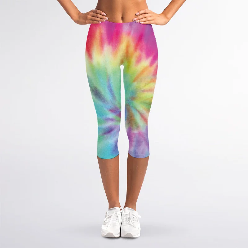 Pastel Spiral Tie Dye Print Women's Capri Leggings Elegant Embellished Leggings