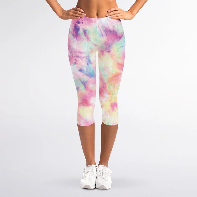 Pastel Tie Dye Print Women's Capri Leggings Cozy Reflective Detail Leggings