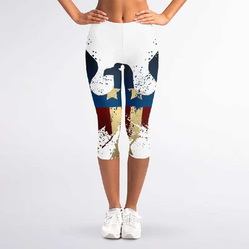 Patriotic American Eagle Print Women's Capri Leggings Fashionable Floral Active Leggings