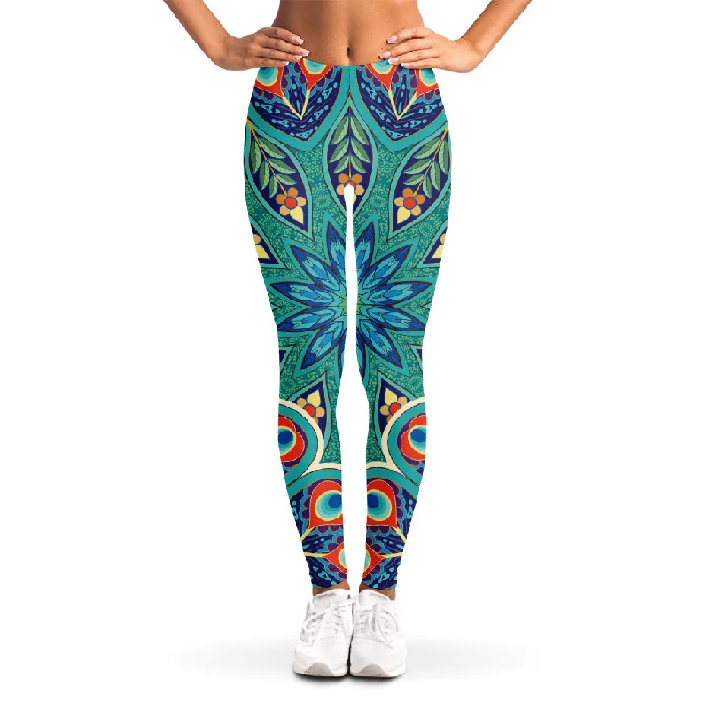 Peacock Feather Floral Pattern Print Women's Leggings Cozy Mid-Rise Workout Leggings