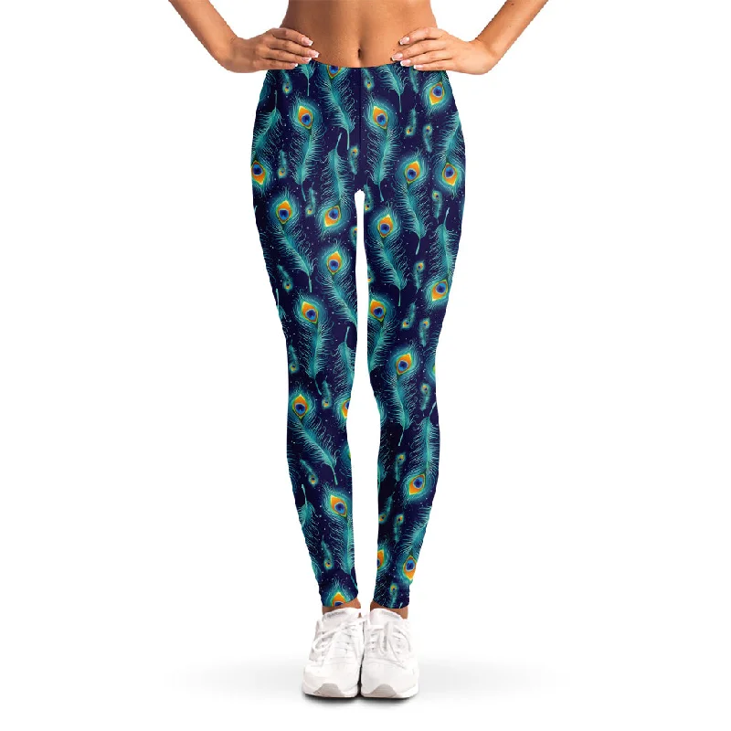 Peacock Feather Pattern Print Women's Leggings Trendy Cut-Out Activewear Leggings