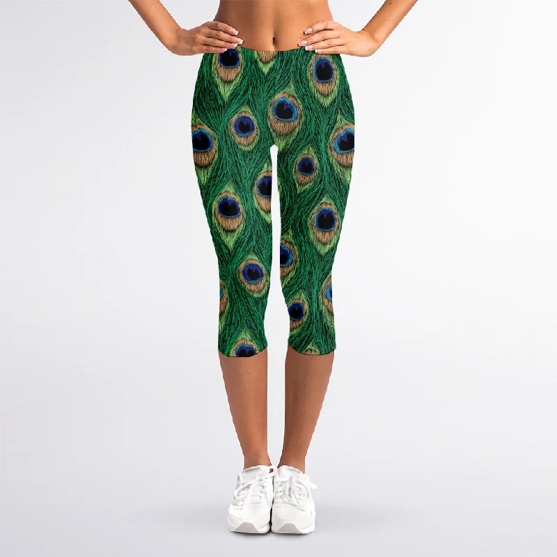 Peacock Tail Pattern Print Women's Capri Leggings Casual Sporty Leggings