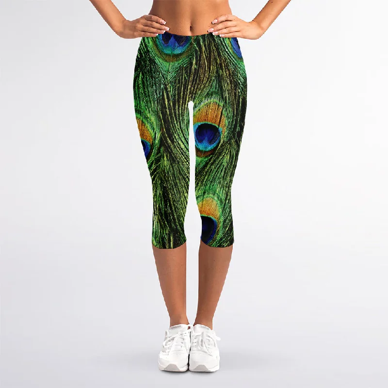 Peacock Tail Print Women's Capri Leggings Stylish Printed Sport Leggings