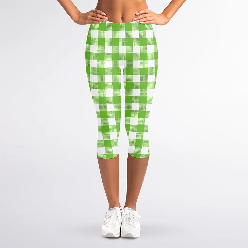 Pear Green And White Gingham Print Women's Capri Leggings Cozy Cotton Leggings