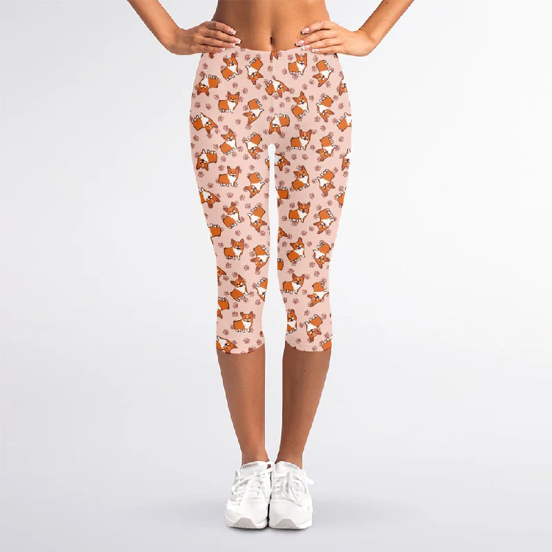 Pembroke Welsh Corgi Pattern Print Women's Capri Leggings Comfortable Wide-Band Leggings