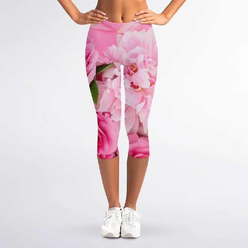 Peony And Rose Print Women's Capri Leggings Comfortable Ribbed Sports Leggings