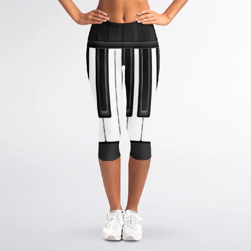 Piano Keyboard Print Women's Capri Leggings Trendy Colorblock Print Leggings