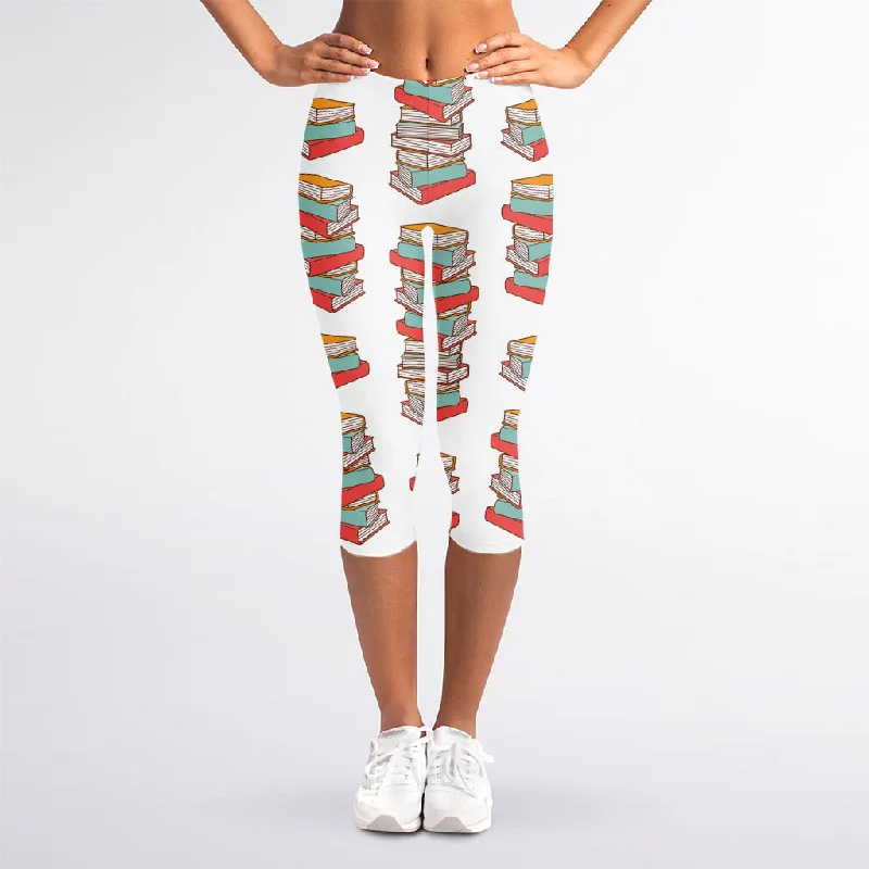 Pile Of Reading Books Pattern Print Women's Capri Leggings Trendy Minimalist Leggings