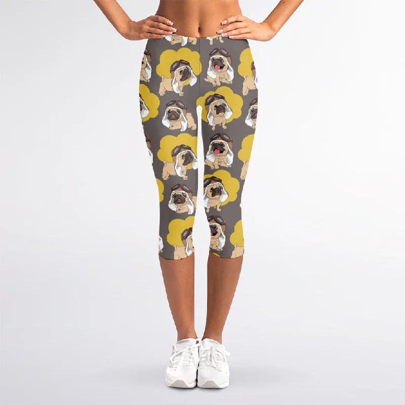 Pilot Pug Pattern Print Women's Capri Leggings Cozy Yoga Compression Leggings