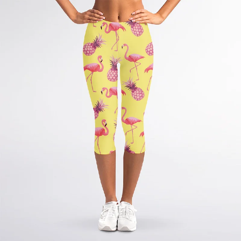 Pineapple And Flamingo Pattern Print Women's Capri Leggings Stylish Capri Leggings