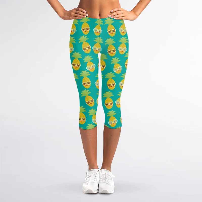 Pineapple Emoji Pattern Print Women's Capri Leggings Fashionable Solid Color Tights