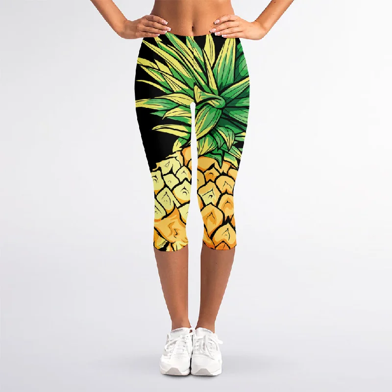 Pineapple Skull Print Women's Capri Leggings Stylish Sporty Performance Leggings