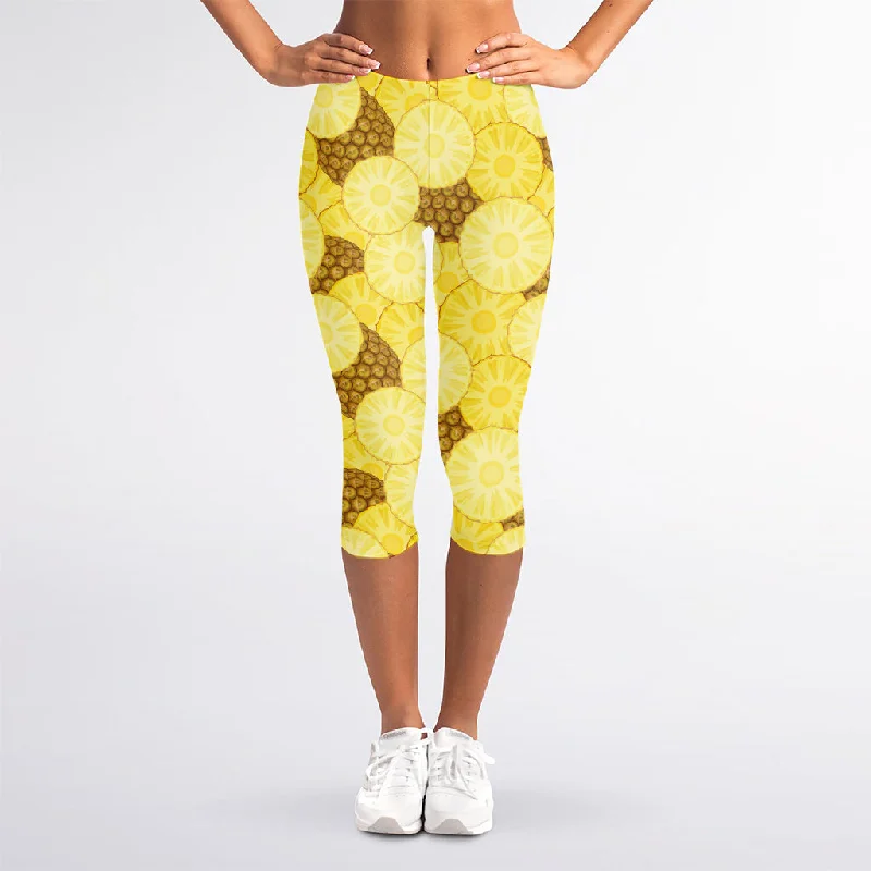 Pineapple Slices Pattern Print Women's Capri Leggings Fashionable Ribbed Knit Leggings