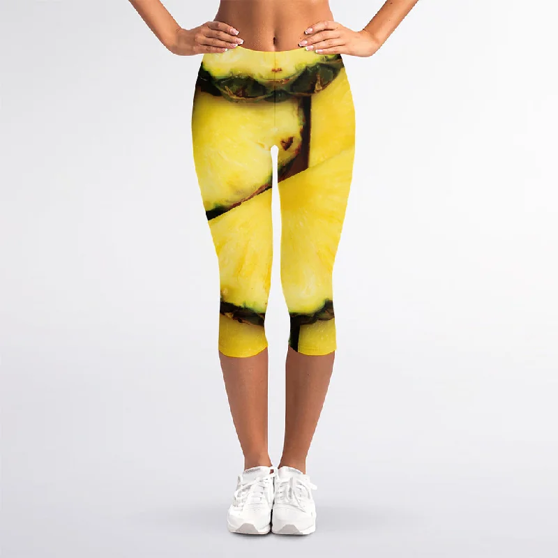 Pineapple Slices Print Women's Capri Leggings Elegant Sheer Leggings