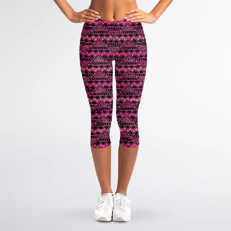 Pink African Ethnic Pattern Print Women's Capri Leggings Stylish Everyday Leggings