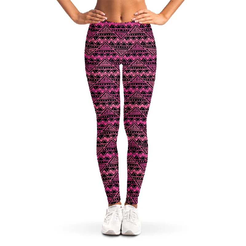 Pink African Ethnic Pattern Print Women's Leggings Comfortable Zip-Up Leggings