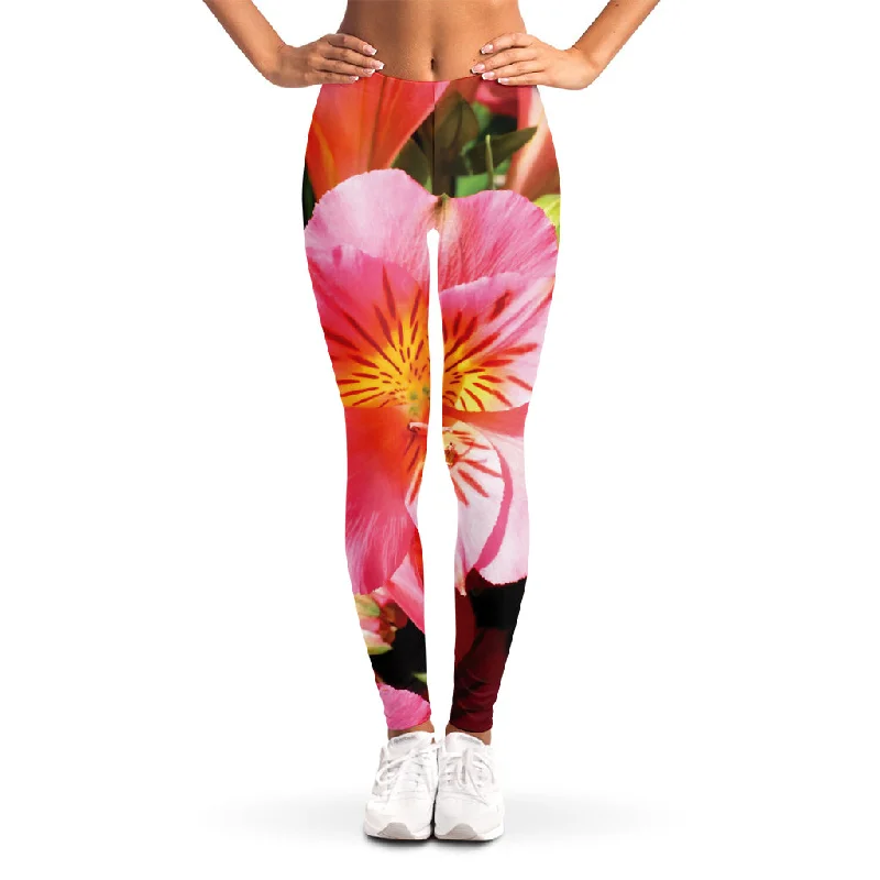 Pink Alstroemeria Print Women's Leggings Chic Smooth Fit Leggings