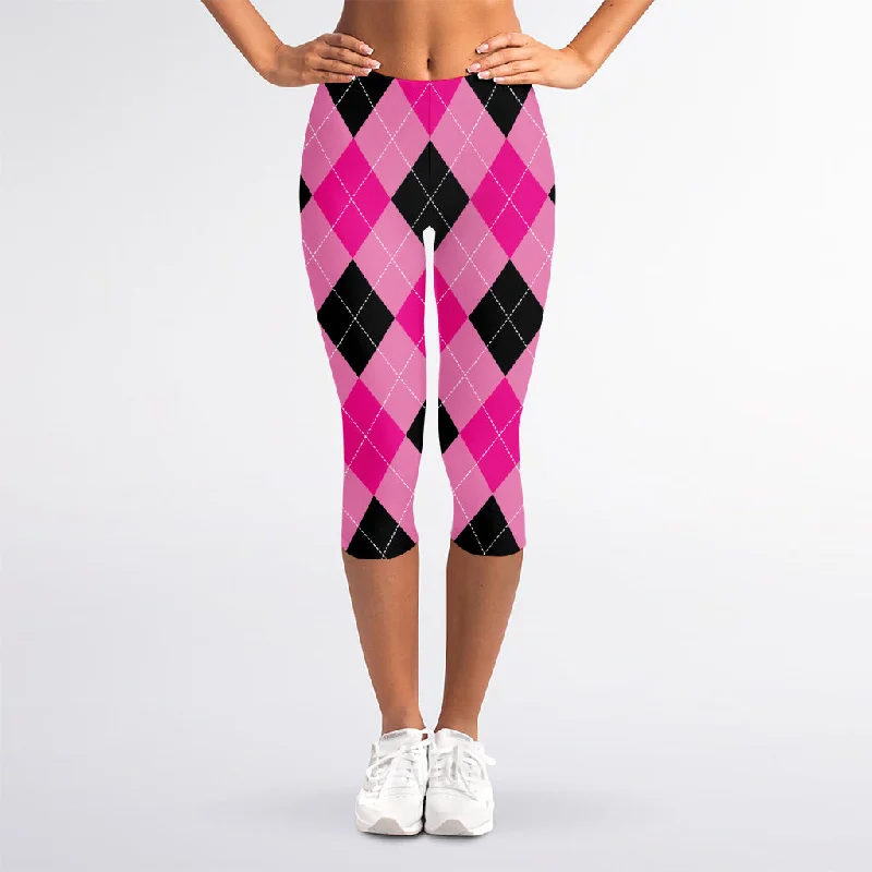 Pink And Black Argyle Pattern Print Women's Capri Leggings Cozy Oversized Leggings