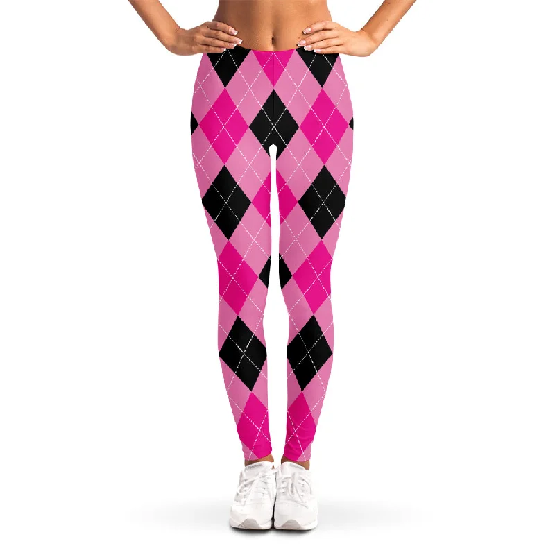 Pink And Black Argyle Pattern Print Women's Leggings Comfortable Cold Weather Leggings