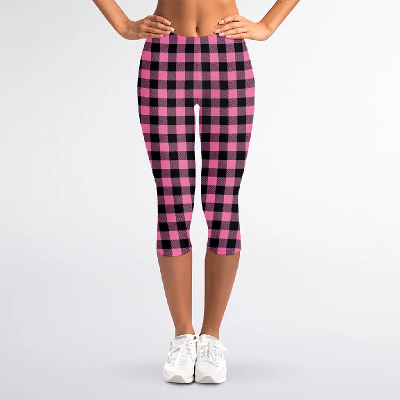 Pink And Black Buffalo Check Print Women's Capri Leggings Trendy Sporty Compression Leggings