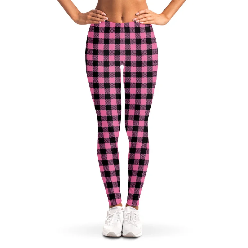 Pink And Black Buffalo Check Print Women's Leggings Trendy Black Mesh Leggings