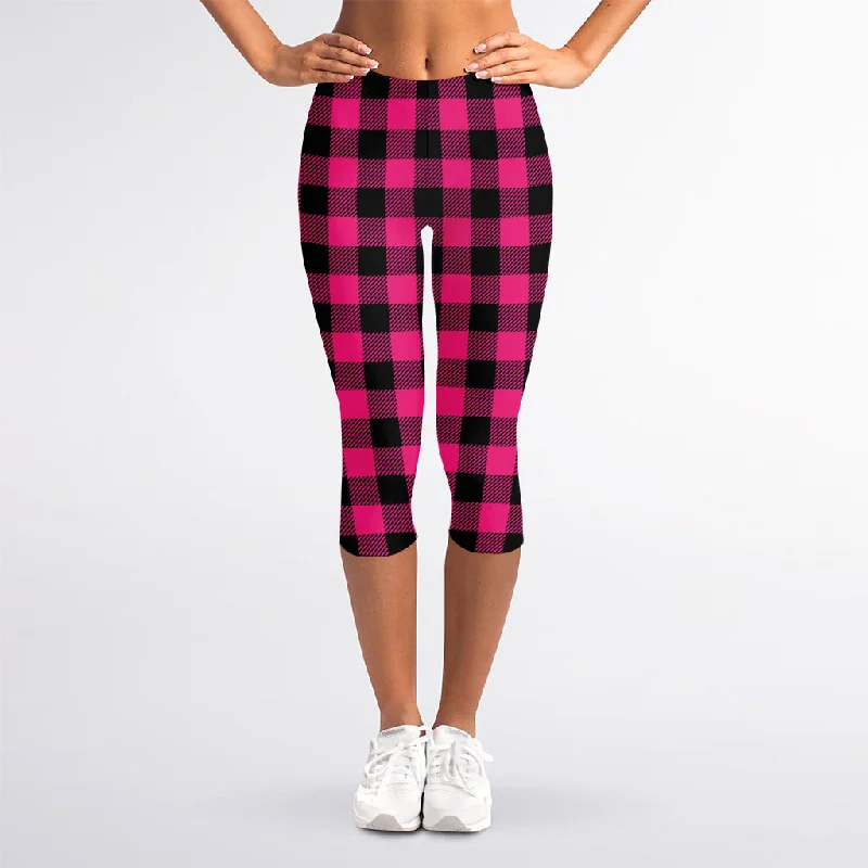 Pink And Black Buffalo Plaid Print Women's Capri Leggings Cozy Lounge Pants Leggings